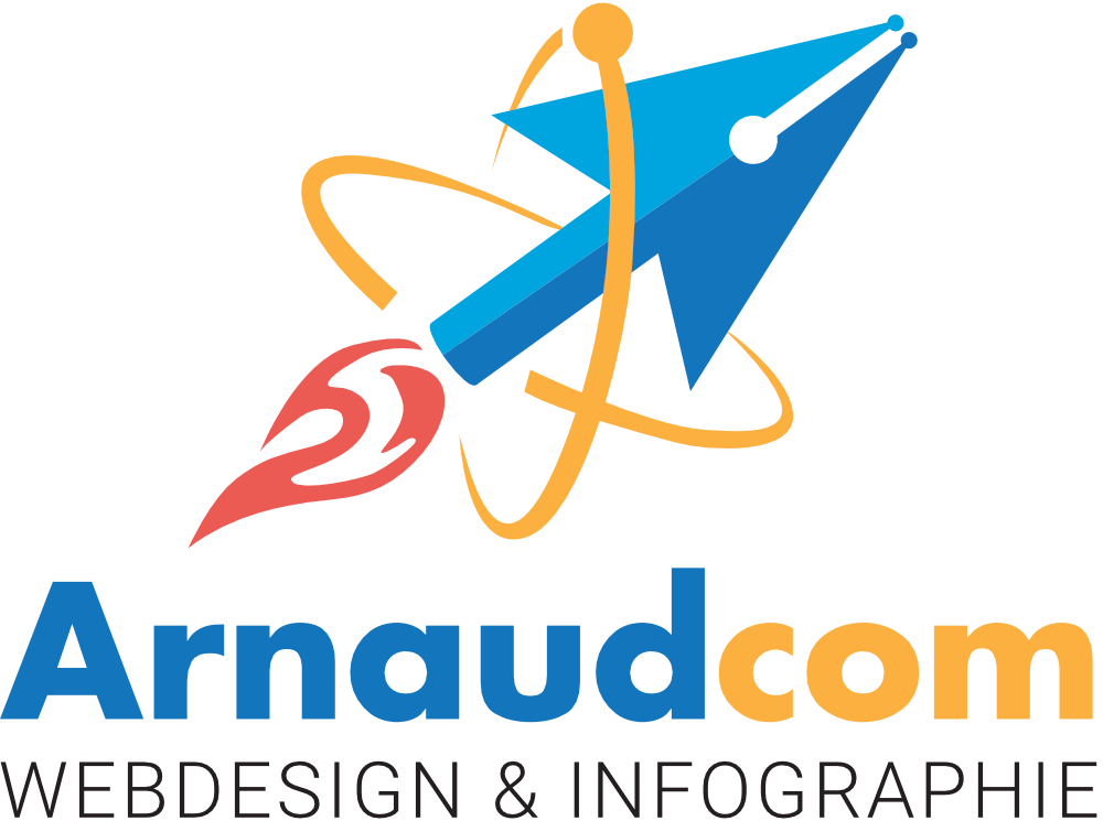 Flèche des logiciels de PAO transformée en fusée Logotype Arnaudcom Webdesign et Infographie Gisors, création de sites web et communication